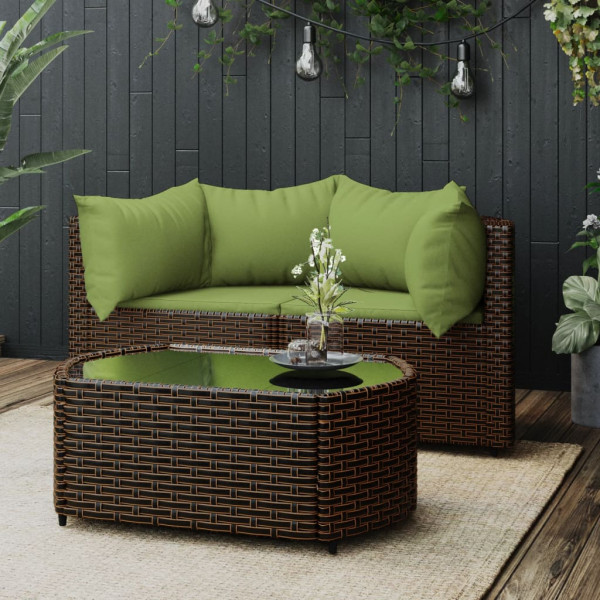 3 pcs conjunto lounge jardim c/ almofadões vime PE castanho D
