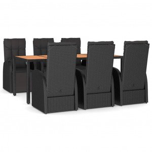 7 pcs conjunto de jantar p/ jardim vime PE/acácia maciça preto H