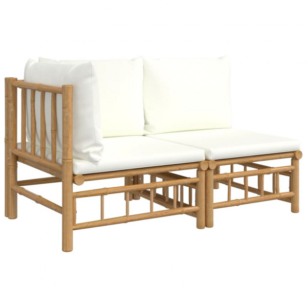 2 pcs conjunto lounge de jardim bambu c/ almofadões branco nata M 2