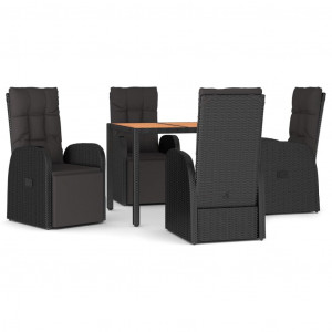 5 pcs conjunto de jantar p/ jardim vime PE/acácia maciça preto H