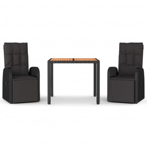 3 pcs conjunto de jantar p/ jardim vime PE/acácia maciça preto H