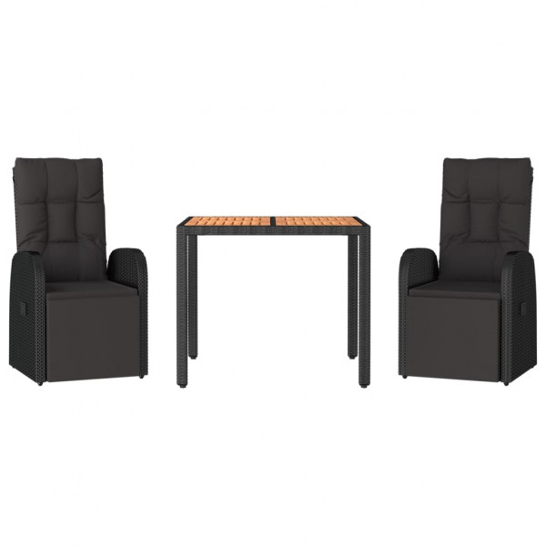 3 pcs conjunto de jantar p/ jardim vime PE/acácia maciça preto M 3