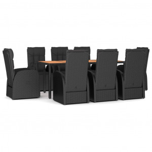 9 pcs conjunto de jantar p/ jardim vime PE/acácia maciça preto H