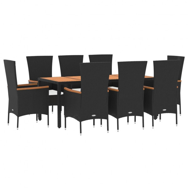 9 pcs conjunto de jantar p/ jardim c/ almofadões vime PE preto M 3
