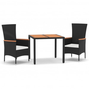 Set comedor de jardín 3 pzas con cojines ratán sintético negro H