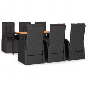 7 pcs conjunto de jantar p/ jardim vime PE/acácia maciça preto H