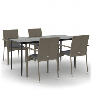 5 pcs conjunto jantar jardim c/ almofadões vime PE preto/cinza H