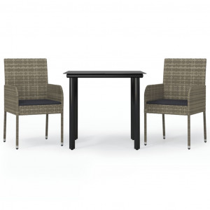 3 pcs conj. jantar p/ jardim c/ almofadões vime PE preto/cinza H