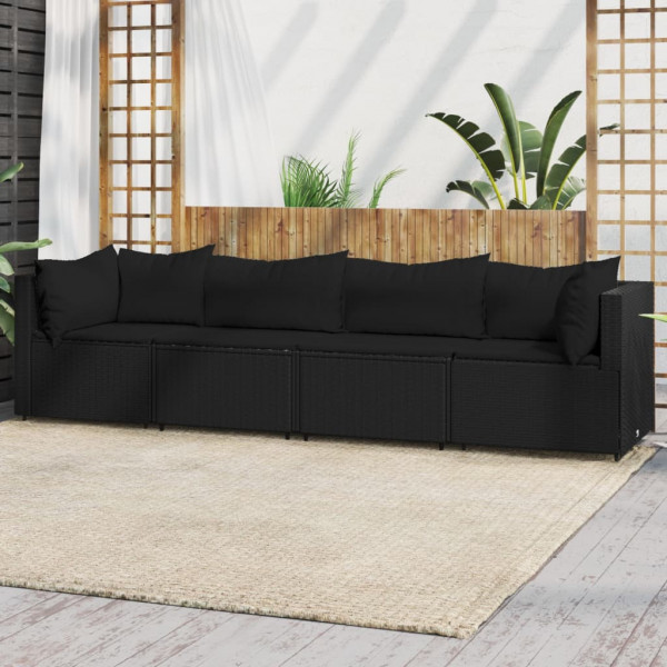 4 pcs conjunto lounge de jardim c/ almofadões vime PE preto D