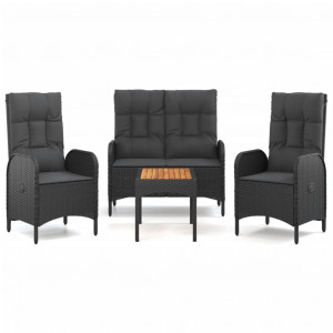 4 pcs conjunto de jardim p/ jardim c/ almofadões vime PE preto H