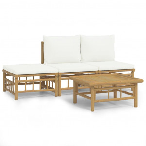 Set de muebles de jardín 4 piezas bambú y cojines blanco crema H