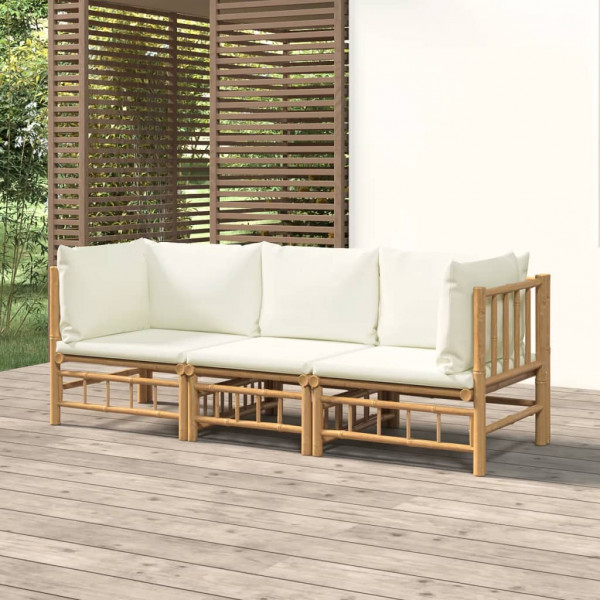 3 pcs conjunto lounge de jardim bambu c/ almofadões branco nata D