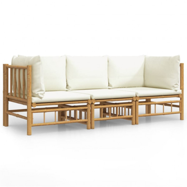 Set de muebles de jardín 3 piezas bambú y cojines blanco crema M 2
