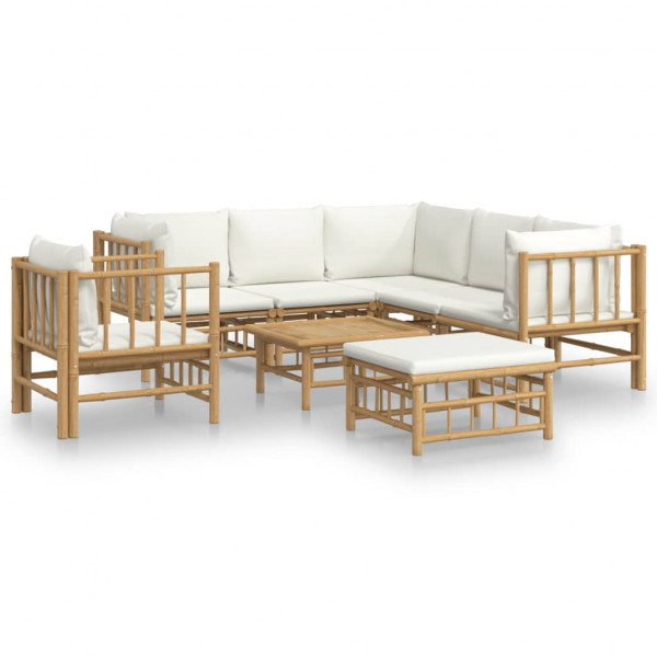 Set de muebles de jardín 8 piezas bambú y cojines blanco crema M 2
