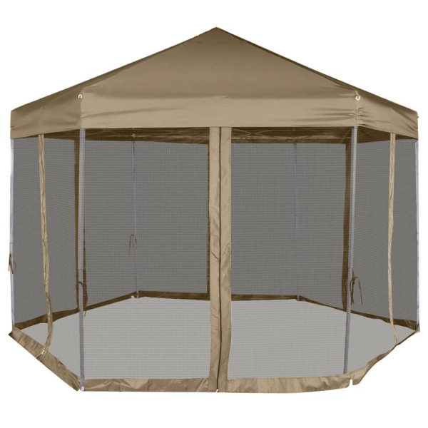 Tenda pop-up hexágono c/paredes 3.6x3.1m 220g/m² cinza-castanho M 2