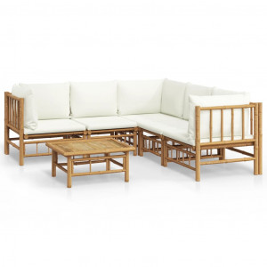 6 pcs conjunto lounge de jardim bambu c/ almofadões branco nata H