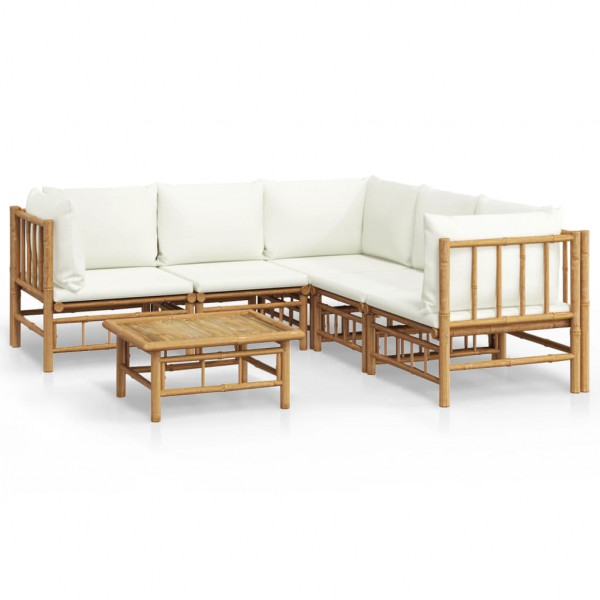 6 pcs conjunto lounge de jardim bambu c/ almofadões branco nata M 2