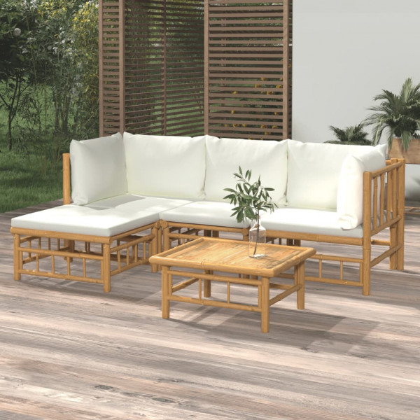 5 pcs conjunto lounge de jardim bambu c/ almofadões branco nata D