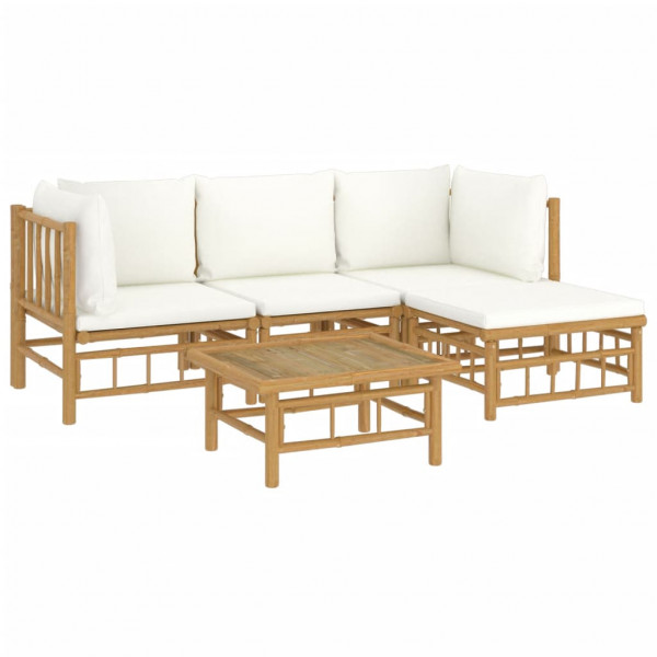 5 pcs conjunto lounge de jardim bambu c/ almofadões branco nata M 3