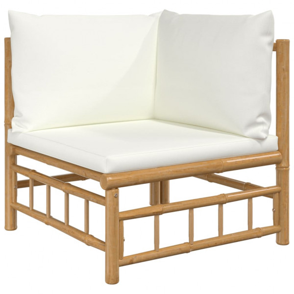 5 pcs conjunto lounge de jardim bambu c/ almofadões branco nata M 4