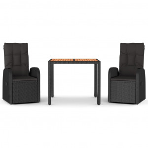 3 pcs conjunto de jantar p/ jardim c/ almofadões vime PE preto H