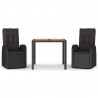 3 pcs conjunto de jantar p/ jardim c/ almofadões vime PE preto 2