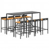 Mesa bar y taburetes jardín 9 pzas madera acacia ratán PE negro 3