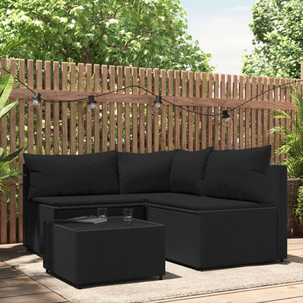 4 pcs conjunto lounge de jardim c/ almofadões vime PE preto D