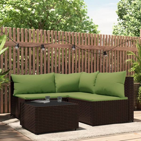 4 pcs conjunto lounge jardim c/ almofadões vime PE castanho D