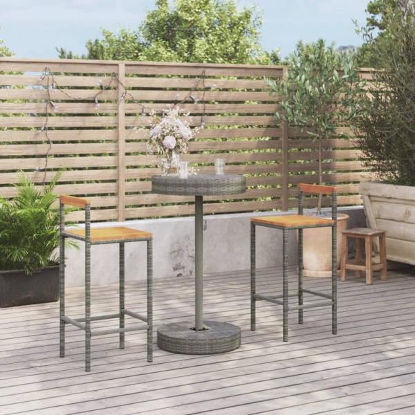 3 pcs conjunto de bar p/ jardim vime PE/acácia maciça cinzento D