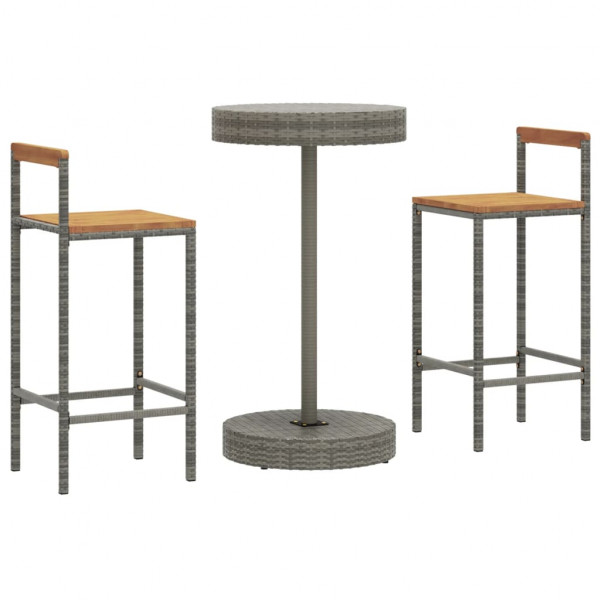 3 pcs conjunto de bar p/ jardim vime PE/acácia maciça cinzento M 3