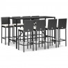 9 pcs conjunto de bar para jardim c/ almofadões vime PE preto 2