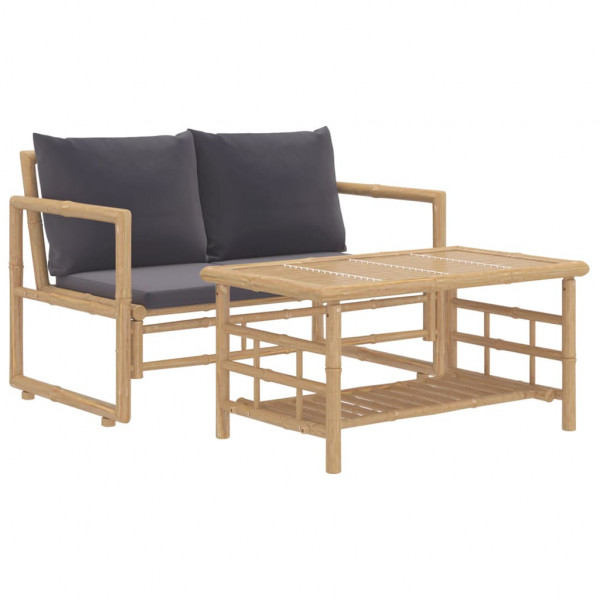 2pcs conj. lounge de jardim bambu c/ almofadões cinzento-escuro M 2