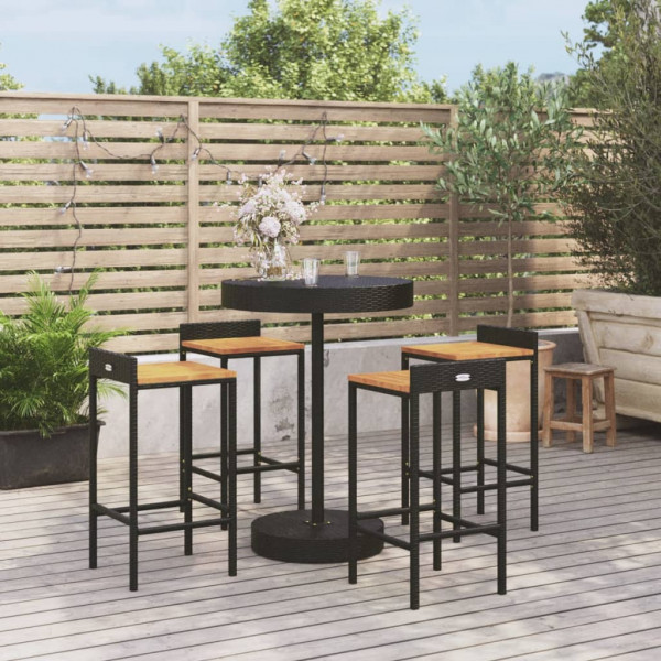 5 pcs conjunto de bar p/ jardim vime PE/acácia maciça preto D