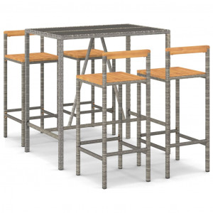 5 pcs conjunto de bar p/ jardim vime PE/acácia maciça cinzento H