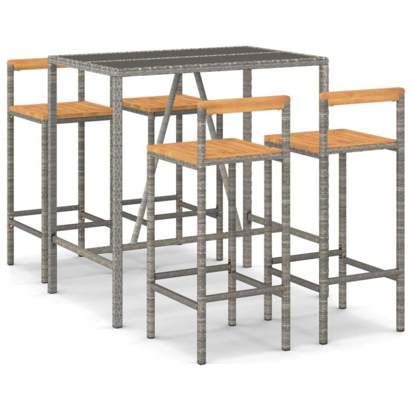 5 pcs conjunto de bar p/ jardim vime PE/acácia maciça cinzento M 2