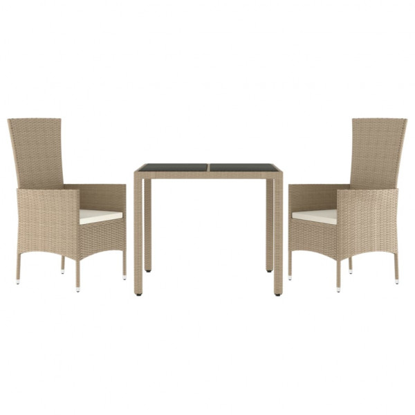 3 pcs conjunto de jantar p/ jardim com almofadões vime PE bege M 3