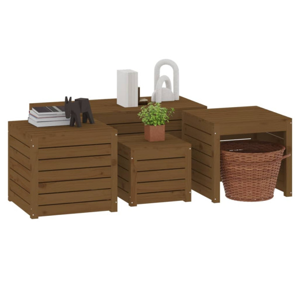 Juego cajas de jardín 4 pzs madera maciza pino gris marrón miel M 4