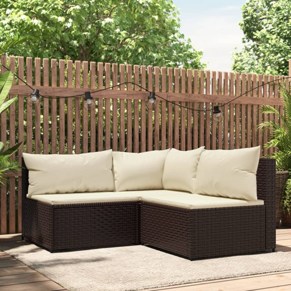 3 pcs conjunto lounge jardim c/ almofadões vime PE castanho M 2