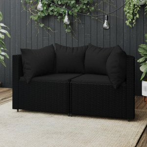 Sofás de canto p/ jardim c/ almofadões 2 pcs vime PE preto H