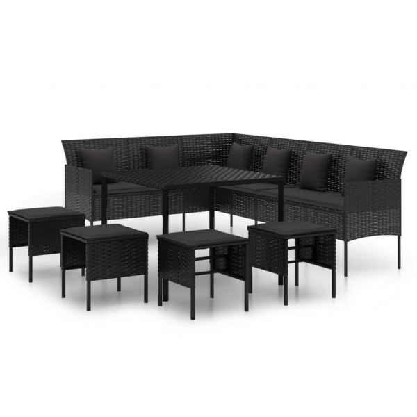 6 pcs conjunto de jantar p/ jardim c/ almofadões vime PE preto M 2