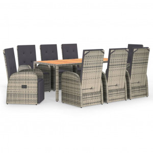 9 pcs conjunto de jantar p/ jardim c/ almofadões vime PE cinza H