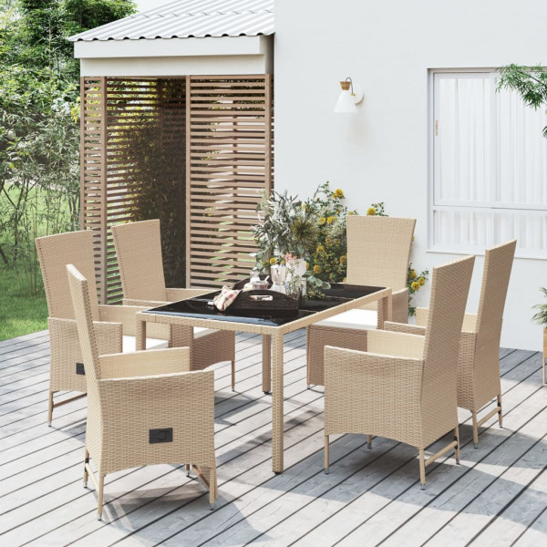 7 pcs conjunto de jantar p/ jardim com almofadões vime PE bege D