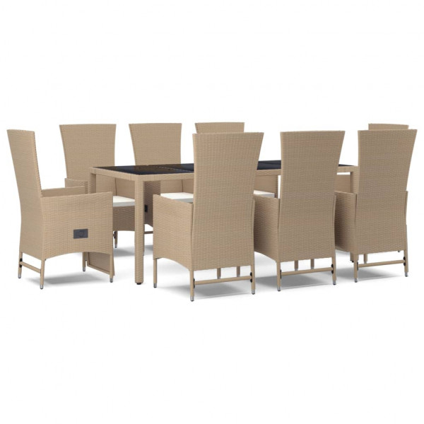 9 pcs conjunto de jantar p/ jardim com almofadões vime PE bege M 2