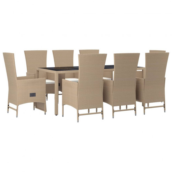 9 pcs conjunto de jantar p/ jardim com almofadões vime PE bege M 3