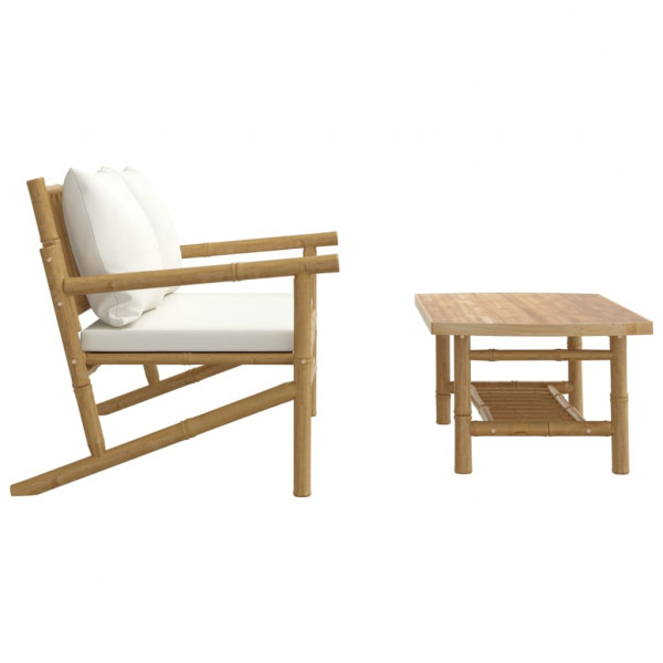 2 pcs conjunto lounge de jardim bambu c/ almofadões branco nata M 4