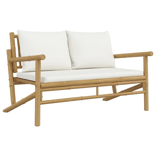 2 pcs conjunto lounge de jardim bambu c/ almofadões branco nata M 5