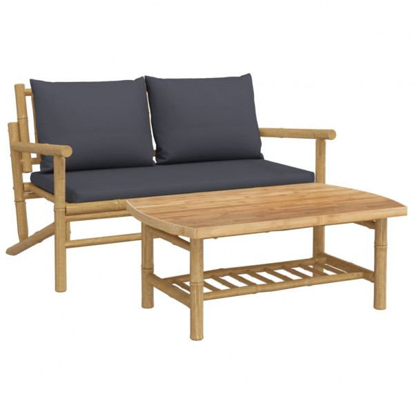 2pcs conj. lounge de jardim bambu c/ almofadões cinzento-escuro M 2
