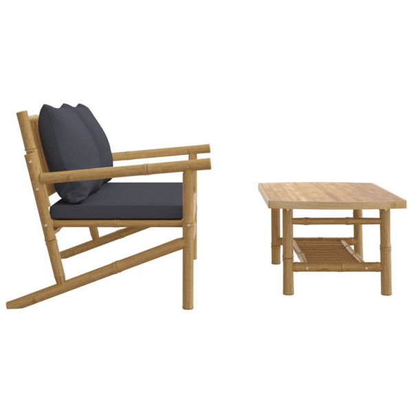 2pcs conj. lounge de jardim bambu c/ almofadões cinzento-escuro M 4