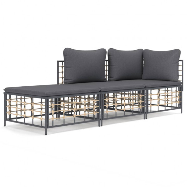 3 pcs conjunto lounge de jardim c/ almofadões vime PE antracite D